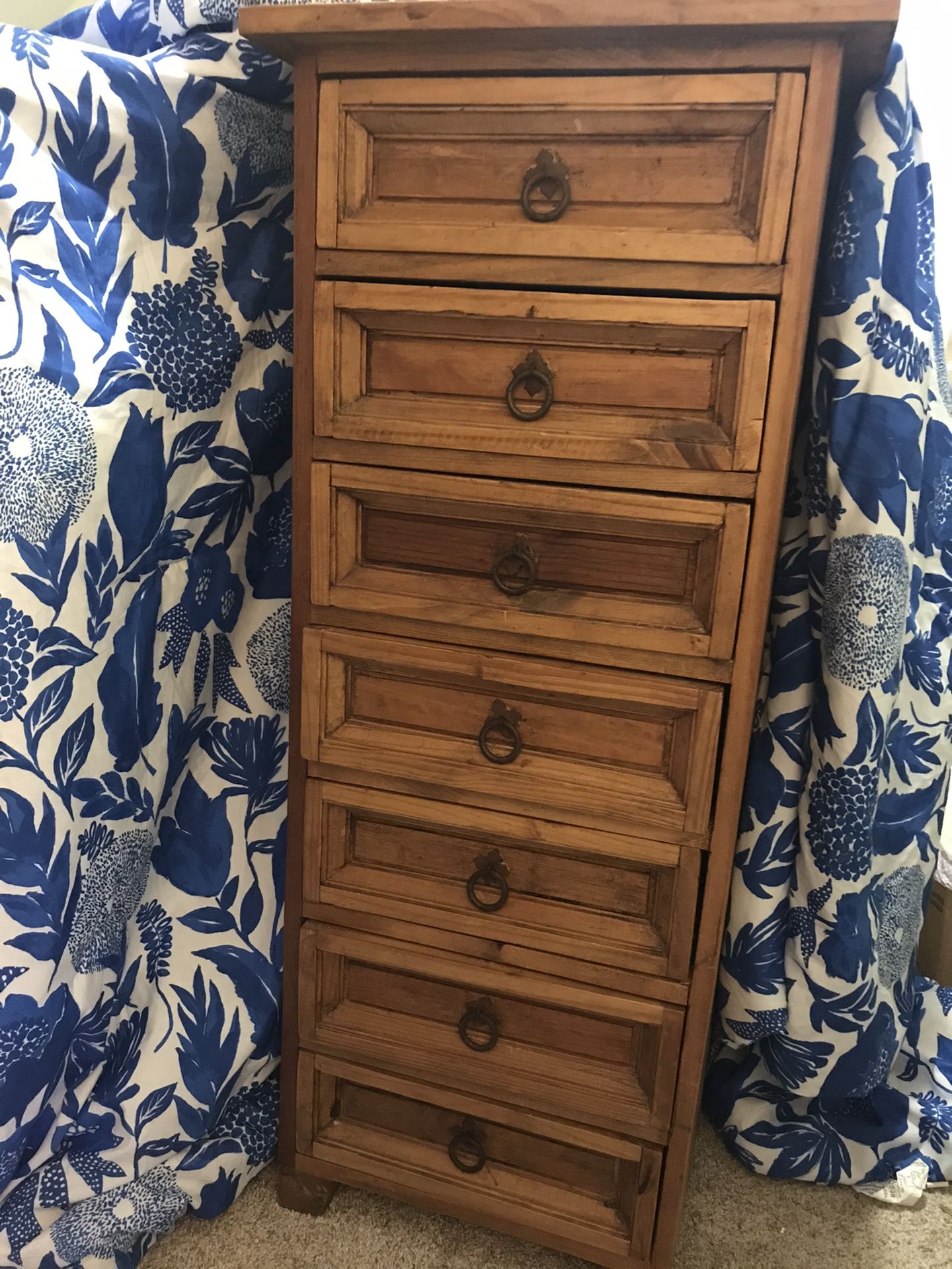 Mexican Pine tall boy seven drawer dresser chest wrought iron circle pulls BOHO California Mission Style