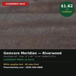 Gemcore Meridian Riverwood LVT Glue-Down Flooring - Closeout Clearance