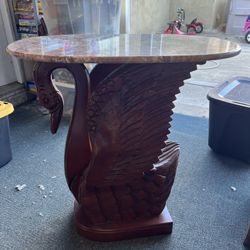Hand Carved Wood And Marble Top Table 