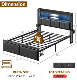 Furnulem Queen Bed Frame with Storage Drawers, Upholstered Headboard with Charging Station