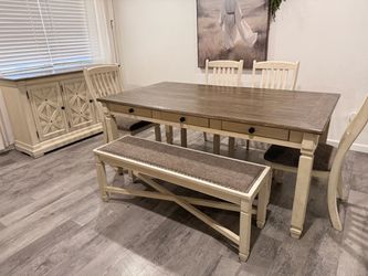 Farmhouse Dining Table Set with Bench and Chairs and buffet cabinet