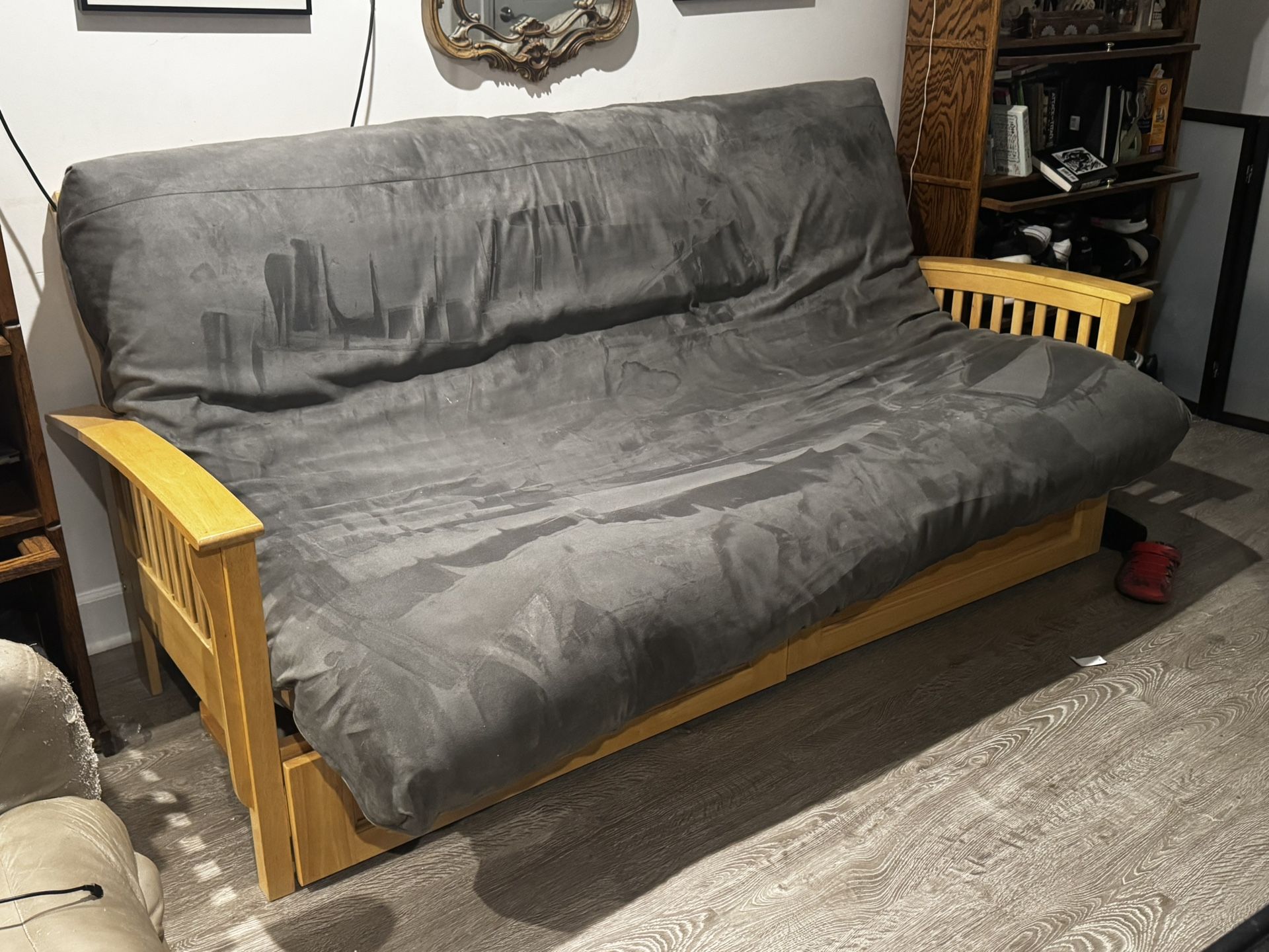 Free Wood Full Size Futon With Gray Mattress