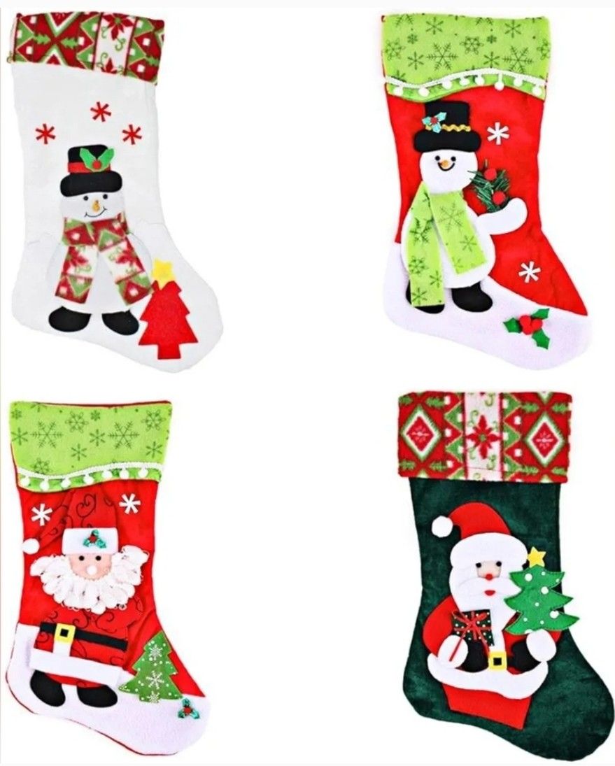 Pack of 4, 18" 3D Plush Christmas Stockings for Christmas Decorations