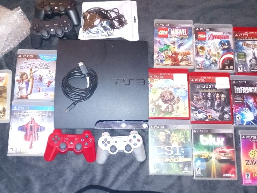 Play Station 3 With Controllers And 12 Games