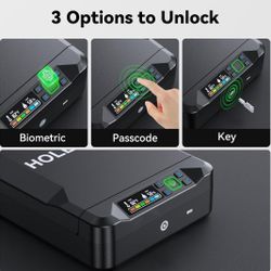 Small, portable gun/pistol safe with three ways for easy and quick access - biometric (fingerprints), passcode, or key  -- BRAND NEW IN BOX! 