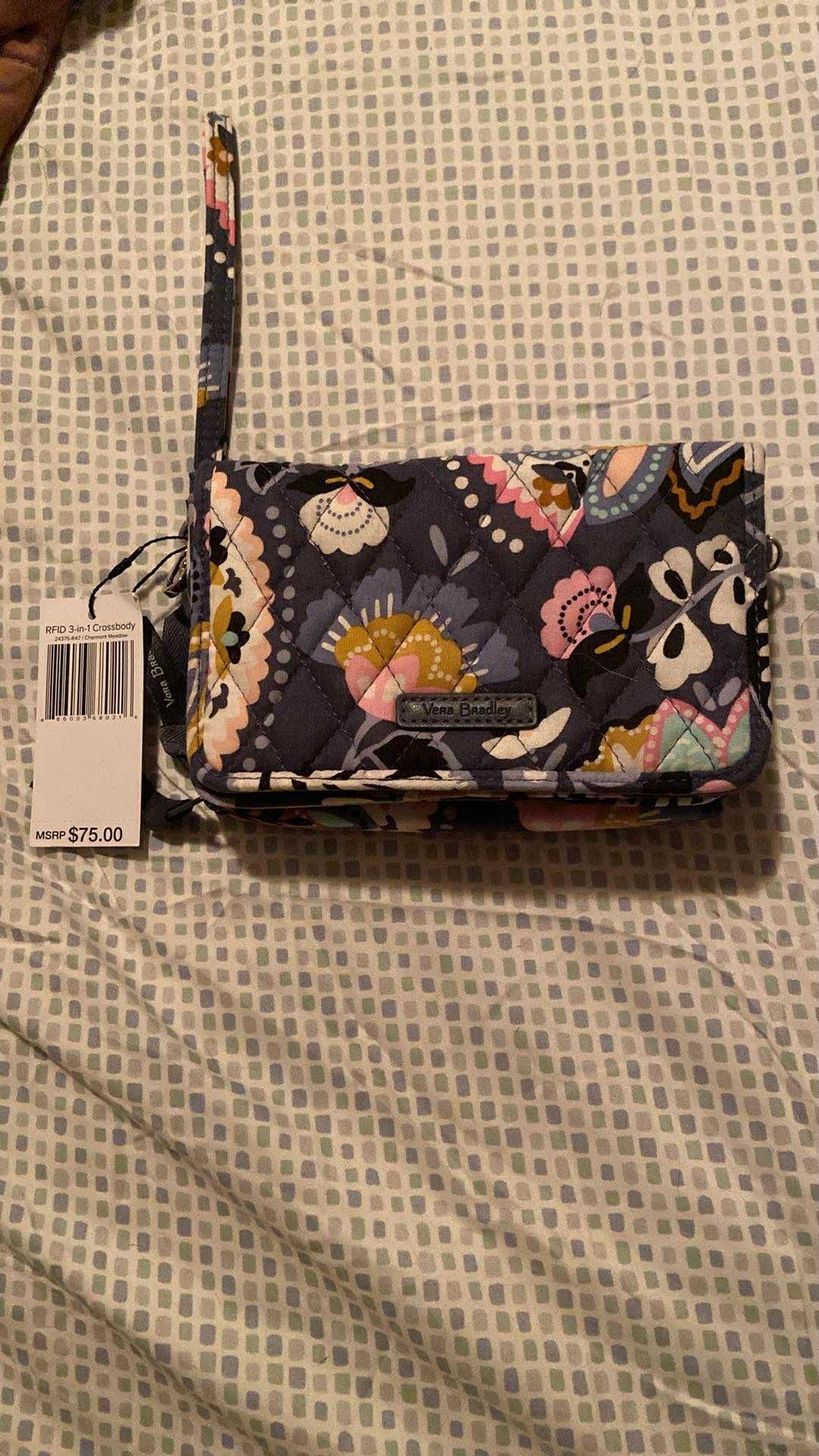 Vera Bradley Crossbody Bag Charmont Meadow  Wallet Purse Gray Quilted 3 In 1. New!