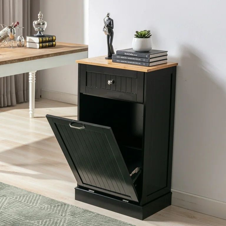 Tilt Out Trash Cabinet,Antique-Style Beadboard Kitchen Island with Solid Wood & Drawer, Pet Proof Trash Can, Wood Laundry Cabinet (Single Black)