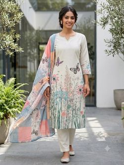 Women’s floral & butterfly print kurta set dupatta three piece set