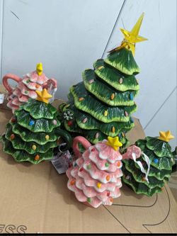 Christmas Tree Cookie Jar And Mugs