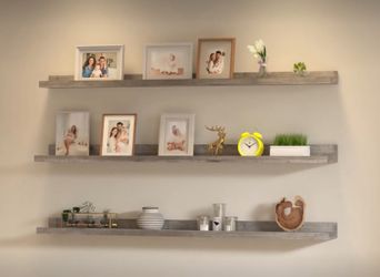 NEW 36” Floating Wall Shelves Creamy White Beige Wood-Grain, Large Picture Ledge Long Wooden Shelves