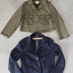 Two Women's Size 2 Stylish Jackets! Olive Green Denim Utility Cropped Jacket & Navy Blazer Jacket! Price For Both!