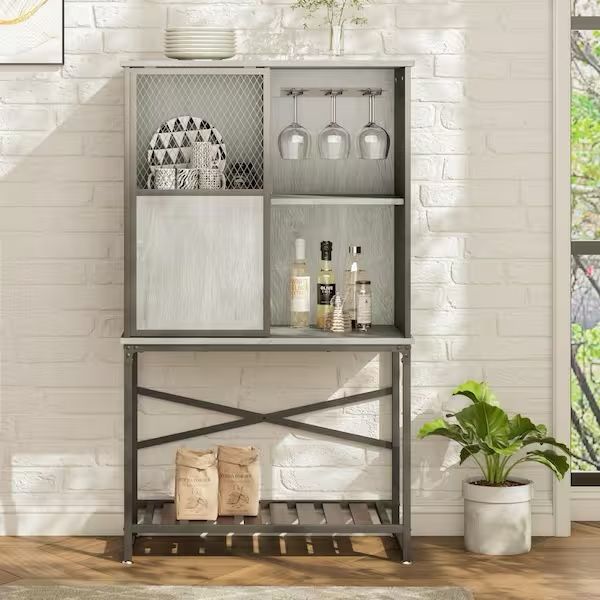Rustic Gray Wine Storage Cabinet With Sliding Door