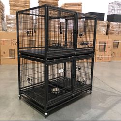 🦮🐕‍🦺 New Double Tier 42” Dog Kennel w/ Metal Floor, Bowls, Tray & Casters, Slide-In Divider 🐶 please see dimensions in second picture  🐶