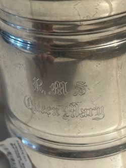 vintage pewter souvenir tankard commemorating the famous ocean liner, the R.M.S. Queen Mary.These tankards were highly popular ocean liner memorabilia