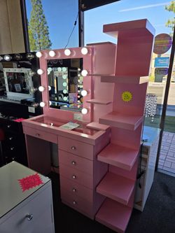 Pink Vanity 6 Drawers With Hollywood Mirror, Side Shelve & Large Shelve $699