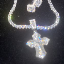 18 k Gold Plated Cross Pendant, 3 mm Tennis Chain And Earrings