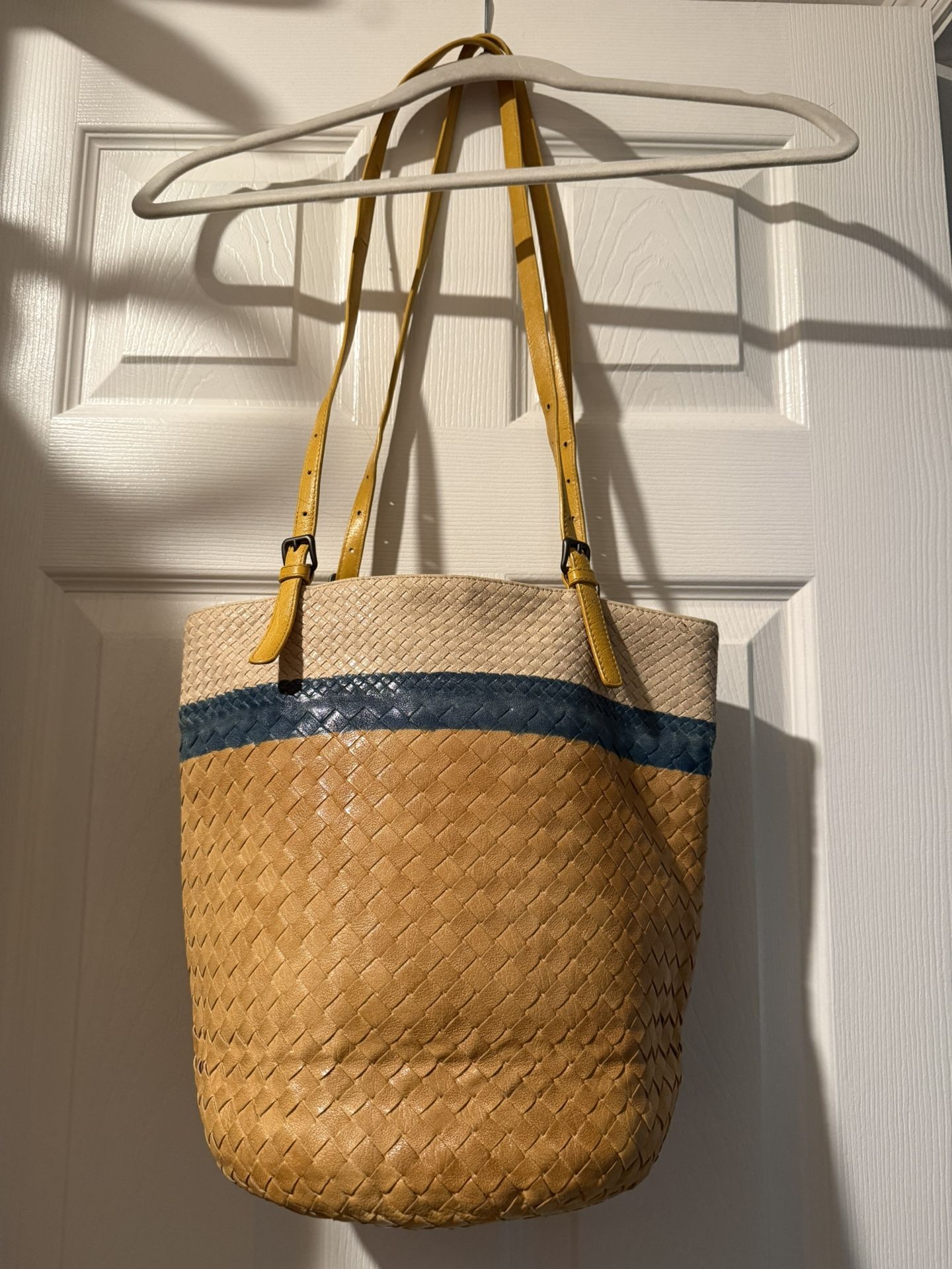 Bottega veneta yellow tan and Blue Woven Tote Bag Intrecciato Acquarello rare