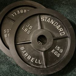 Pair of Used Vintage Barbell 35 Lb Iron Olympic Weight Plates 