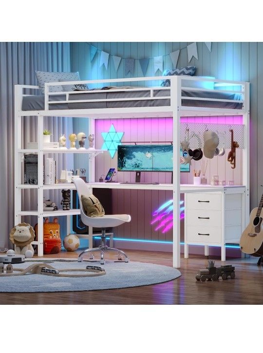 White platform Bed w/desk