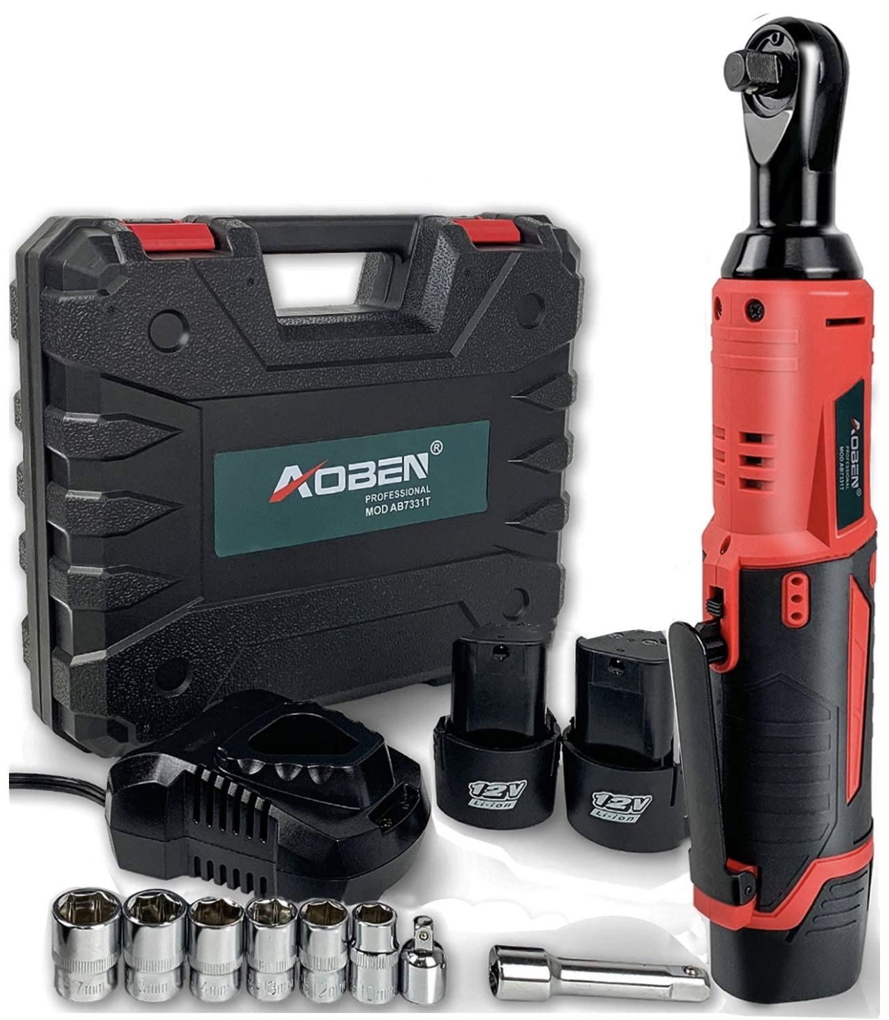 Cordless Electric Ratchet Wrench Set, AOBEN 3/8" 12V Power Ratchet Tool Kit With 2 Packs 2000mAh Lithium-Ion Battery And Charger