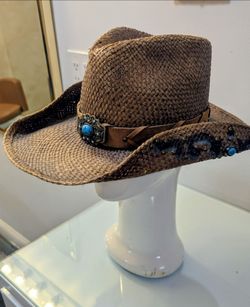 Bullhide Amnesia women's Woven Straw Western Cowboy Hat w/ Turquoise Concho Band Studded Brim/ M
