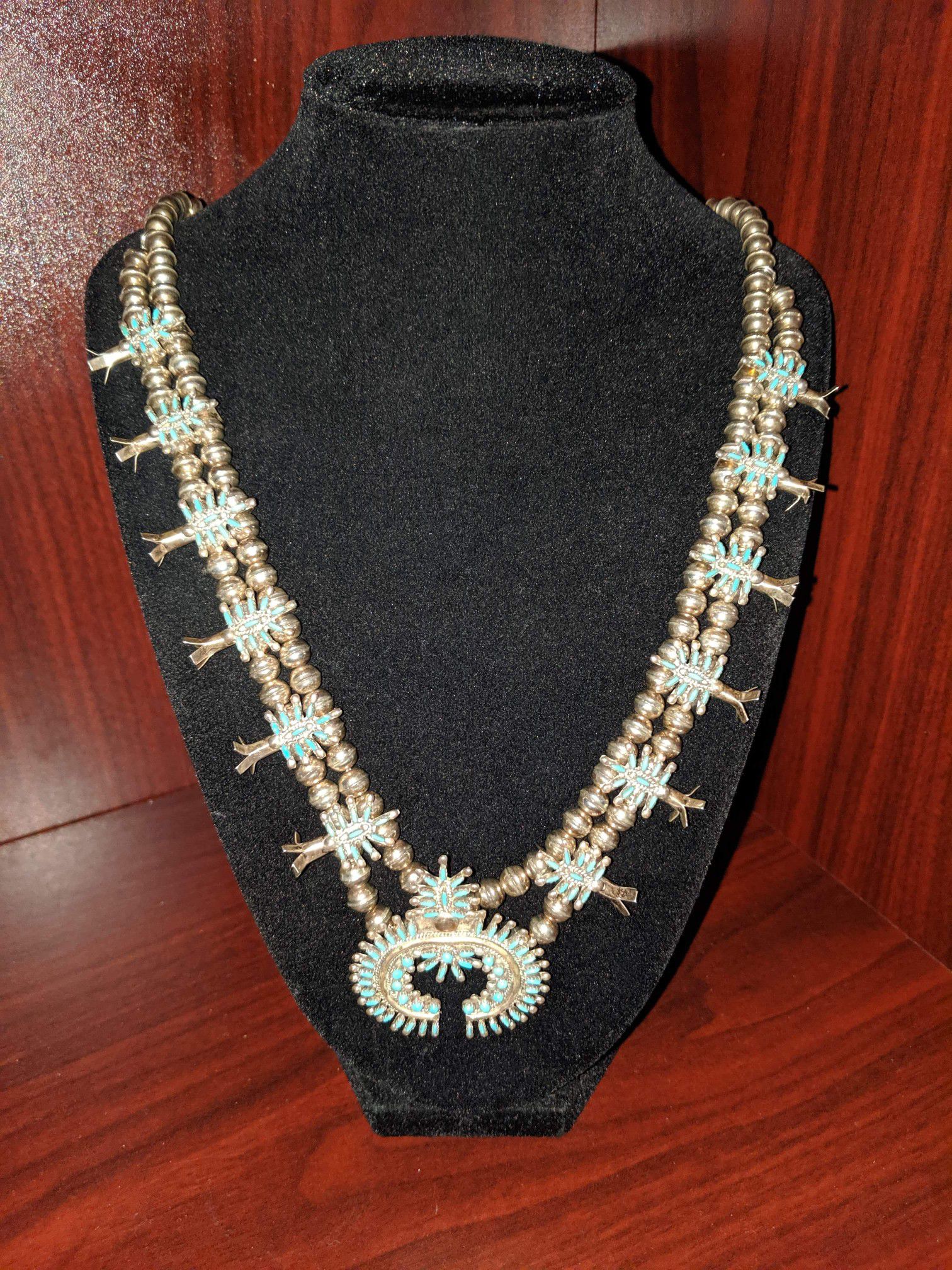 Turquoise Needlepoint Squash Blossom Necklace