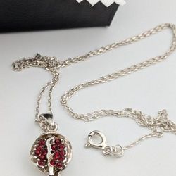Delicate Pomegranate pendant with red crystals. Sterling silver 925. Chain Included 19.5" 