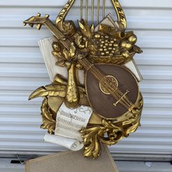 Vintage Syroco Wall Plaque 1971 Musical Instruments Lyre Guitar Gold Decor
