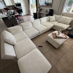 Large Modular Sectional Couch with Ottoman – Cream Corduroy