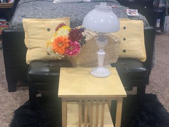 Beautiful egg shell pillows a pair, egg shell table, plus beautiful antique lamp white, basket with flowers.