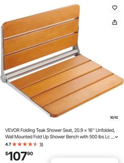 VEVOR Folding Teak Shower Seat, 20.9 x 16'' Unfolded, Wall Mounted Fold Up Shower Bench