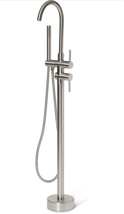 Bathtub Shower Faucet - Floor Mount Freestanding Bathroom Tub Filler - Stainless Steel Brushed Nickel Bath Stand System Mounted - Dual Handle and Show