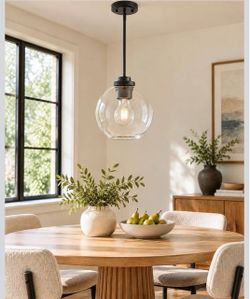 8-Inch Black Pendant Light,Clear Globe Glass,PL101BK-L Hanging Pendant Light,E26 Socket,for Kitchen Island,Dining Table,Foyer,Ceiling-Mounted Lighting