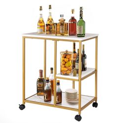 sogesfurniture Gold Bar Cart with 2 Shelves, Wine Glass Bottle Storage Bar Serving Cart with Wheels for Kitchen Living Room, Utility Bar Serving Cart