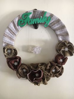 Handmade Fabric Flowers Wreath with Family Wooden Sign