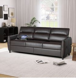 3 Seater 85" Sofa, Faux Leather Mid-Century Modern Comfort Sofa, Retro Tufted Stain Resistant Sofa with USB Charging Port for Living Room, Office, Bed