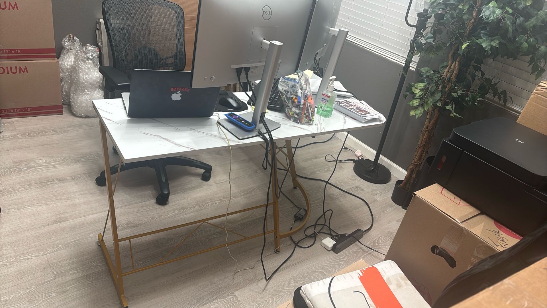 L Shaped Gaming Desk, 58" Modern Corner Computer Desk with Keyboard Tray & CPU Stand for Small Spaces, Home Office & Living Room, 7112 (White & Gold) 