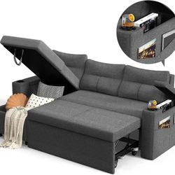81" Sleeper Sofa with Armrest Storage,L-Shaped Couch with Supportive Ergonomic Cushions,Cup Holders,