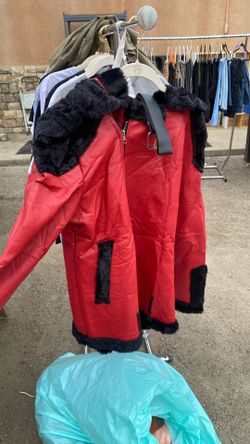 red fuzzy zip up with belt 