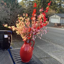 Red Water Pitcher Vase Artificial Flowers Entry Way Home House Staging like Brand New 