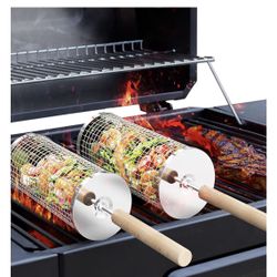Rolling Grill Basket, Removable Wooden Handle, 304 Stainless Steel