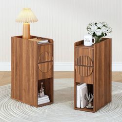 Nightstands Set of 2 for Bedroom, Mid Century Modern Wooden Bedside with 2 Drawers, Fluted Skinny End Table, 8 Inch Wide Slim Side Tables for Small Sp