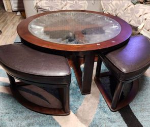 Used Round Wood Table With Glass Top and 4 Stools