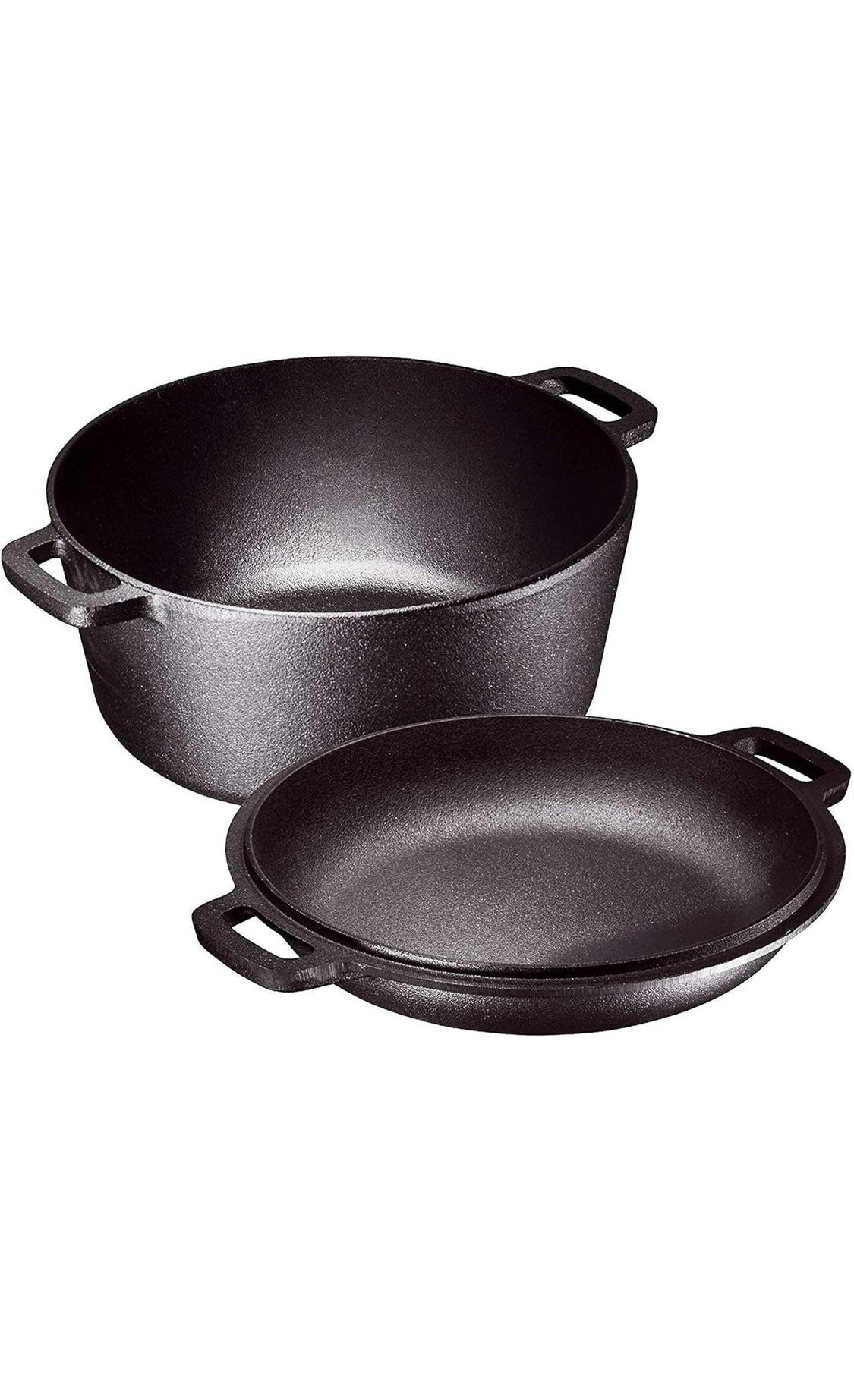 Bruntmor 2-in-1 Pre-Seasoned Cast Iron Dutch Oven With Handles - Crock Pot Black Cast Iron pot with Skillet lid - All-in-One Cookware Braising Pan 5q