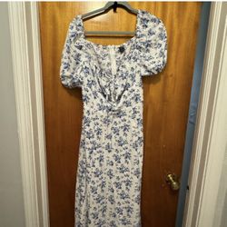 Blue and White Floral Print Maxi Dress