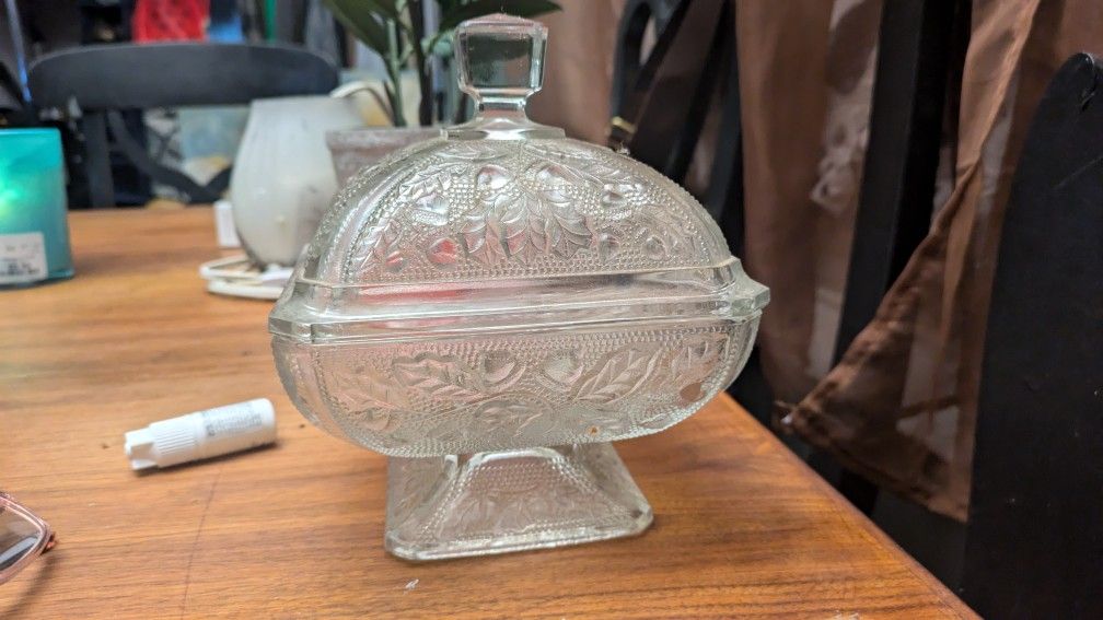 Vintage Clear Frosted Candy Bowl With Lid.