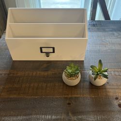 Cost Plus World Market Succulents Faux Plants and white Office / Desk / Bills Organizer (Measures 12” by 4.5”) Decor Like New.