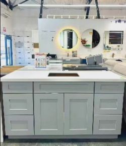 54 Inch Gray Single Sink Vanity | 6 Drawers Solid Wood &  Top
