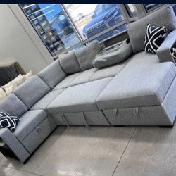 ✅️✅️4 pc Grey boucle fabric sectional sofa with storage chaise and love seat and pop up sleep area in center drop down tray tables✅️✅️✅️