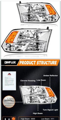 Headlight Assembly for 2009-2018 Dodge Ram 1 for 10-18 Ram 3(Only fit factory quad beam halogen headlights)Chrome Housing Amber Reflec